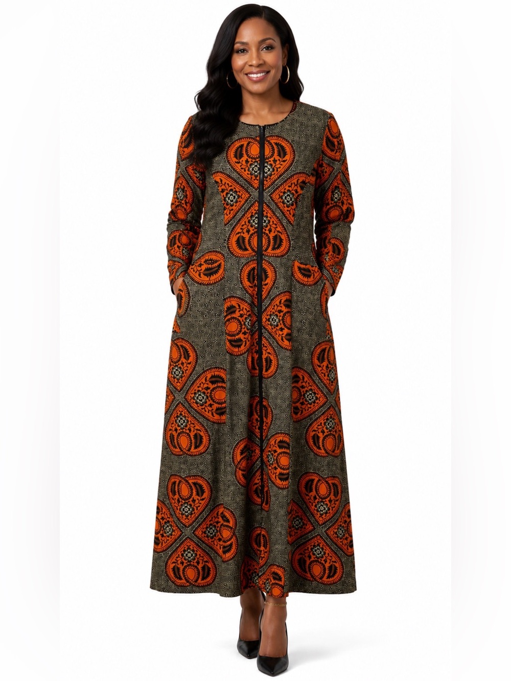 NWT Ray Darten Ankara African Print Maxi Jacket Dress Orange Black, Sz 2X **READ